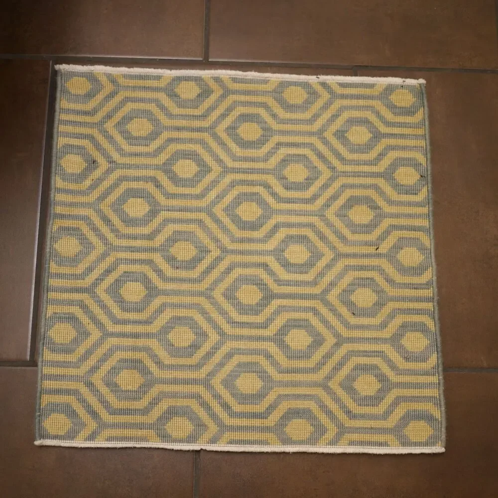 Small Square Wool Rug Designer Geometric Pattern Light Blue Off White Cream 2x2